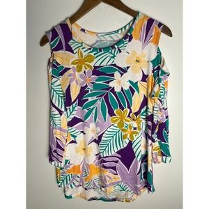Palm Grove Wm M Cold Shoulder Tropical Floral Top Purple Green 3/4 Sleeve Resort